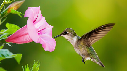 Ruby-throated Hummingbird (Male) with a Mandevilla Flower