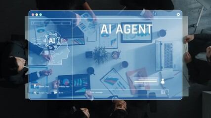 A modern office setting showcases an AI agent interface above a group of professionals engaged in collaboration. The screen displays chat options and business analytics. Raster