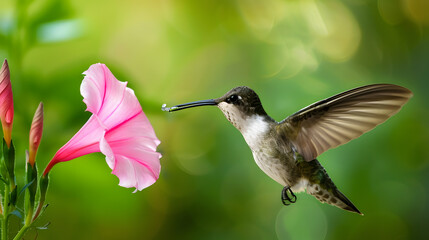 Ruby-throated Hummingbird (Male) with a Mandevilla Flower