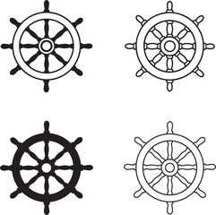 Obraz premium Collection of four nautical ship wheels in black and white line art style