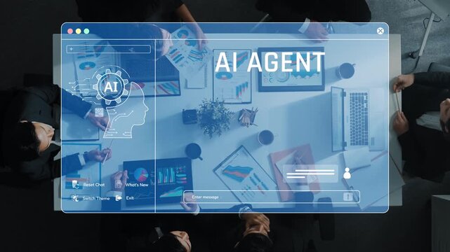 A modern office setting showcases an AI agent interface above a group of professionals engaged in collaboration. The screen displays chat options and business analytics. Raster