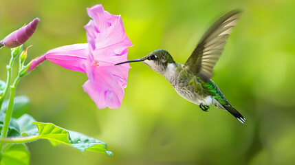 Ruby-throated Hummingbird (Male) with a Mandevilla Flower