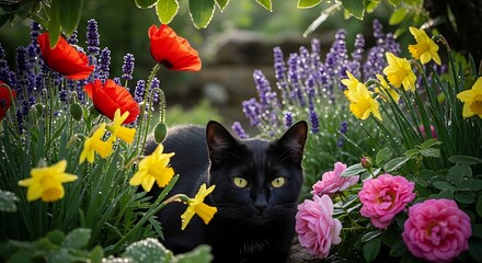 Black cat amidst vibrant flowers in a garden setting.