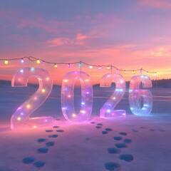 2026 ice numbers with festive lights in snowy landscape Keywords: 2026, new year, ice, numbers