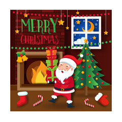 Happy Santa Claus Dancing With Gifts By A Fireplace And Christmas Tree With Stars Moon And Clouds In The Night Sky Festive Holiday Scene