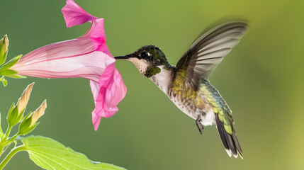 Ruby-throated Hummingbird (Male) with a Mandevilla Flower