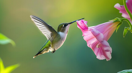 Ruby-throated Hummingbird (Male) with a Mandevilla Flower