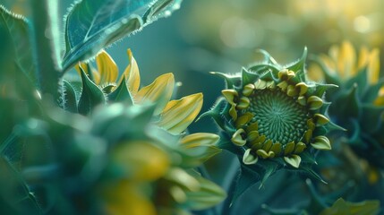 A photo of a close-up view of a growing sunflower.