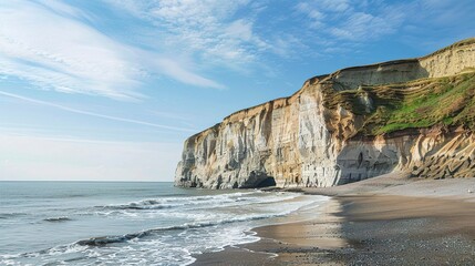 A photo of a coastal cliff with waves crashing below.