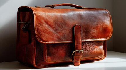 Premium Vintage Leather Satchel on Matte White Surface, Three-Quarter Front View, Grain Texture, Stitched Edge Detail, Soft Studio Lighting, Gentle Highlight, Deep Realistic Shadows, Neutral Fabric Ta