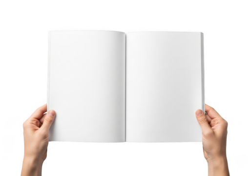 Open book mockup in hands, blank pages for text or images, reading, education, writing, publication, isolated on transparent background - Powered by Adobe