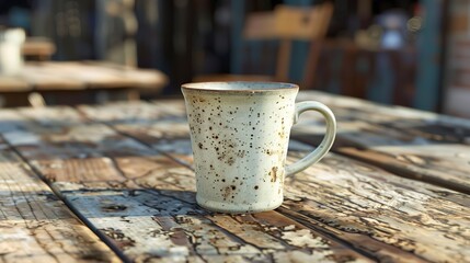 A photo of a coffee cup on a rustic wooden table