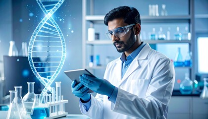 Scientist using AI technology in genetic research with DNA structure and chemical flasks