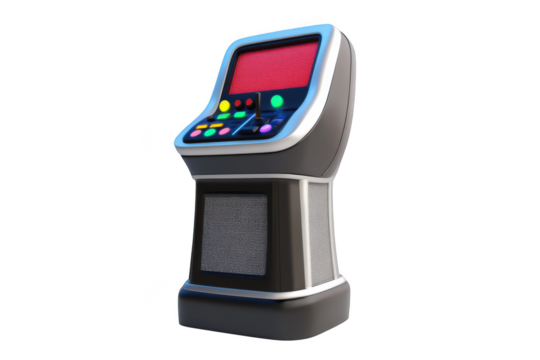 Retro arcade machine gaming console with red screen, buttons, and joystick illustration vector design isolated on transparent background