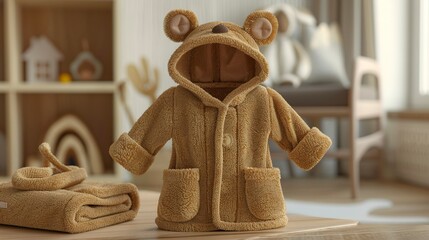A photo of a baby bathrobe with animal ears.