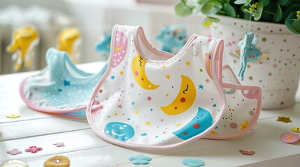A photo of a baby bib with fun designs.