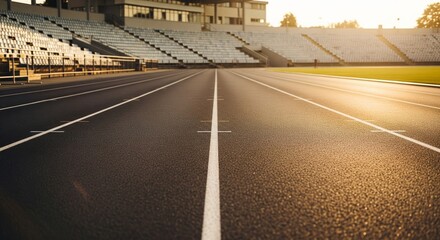 Empty running track in stadium at sunrise