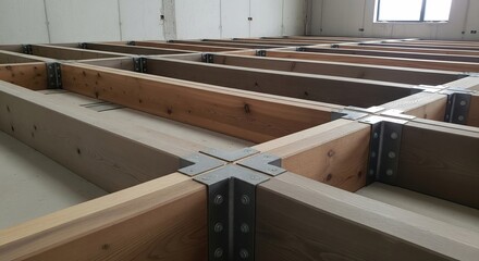 Heavy timber framing with steel connectors indoors