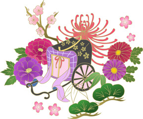 お正月 和風 和柄背景 松竹梅 御所車 牡丹 菊 年賀状 New Year Japanese pattern background Pine, bamboo, plum, peony, chrysanthemum, New Year's card, 