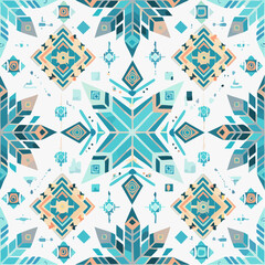 A seamless Arctic snowflake totem pattern combining geometric snow motifs with cultural symmetry. Perfect for textiles and modern decor.
