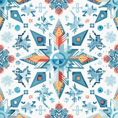 A seamless Arctic snowflake totem pattern combining geometric snow motifs with cultural symmetry. Perfect for textiles and modern decor.