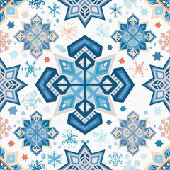 A seamless Arctic snowflake totem pattern combining geometric snow motifs with cultural symmetry. Perfect for textiles and modern decor.