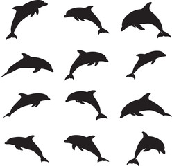 Naklejka premium Collection of silhouetted dolphins leaping and swimming in various dynamic poses