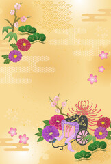 お正月 和風 和柄背景 松竹梅 御所車 牡丹 菊 年賀状 金 New Year Japanese pattern background Pine, bamboo, plum, peony, chrysanthemum, New Year's card, gold