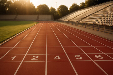 Empty running track at sunrise in stadium