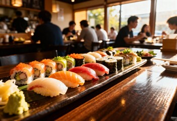 A beautifully arranged platter of various sushi and rolls sits on a table in a bustling Japanese restaurant.

