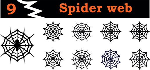 Collection of nine spider web designs, including a large detailed web with a spider, isolated on transparent background, Halloween concept