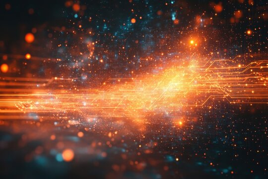 Dynamic abstract visualization of digital technology and energy flow in a cosmic setting