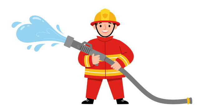 Cartoon Firefighter with Hose Spraying Water Wearing Protective Gear.
