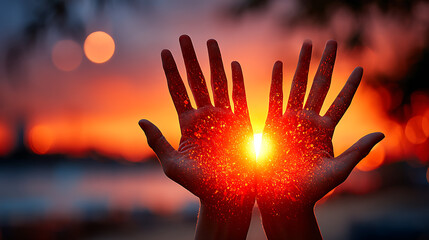 Captivating sunset hand gesture beachfront photography natural environment close-up embracing light
