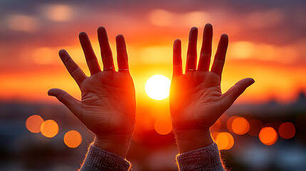 Hands reaching towards sunset urban landscape inspirational photography evening glow close-up view hopeful concept
