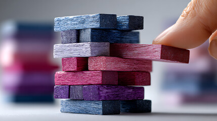 Jenga game in progress indoor setting close-up view colorful wooden blocks challenging balance concept