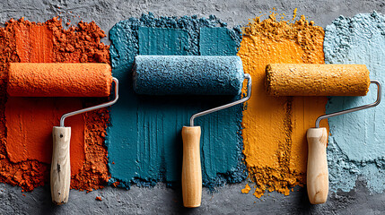 Painting action with colorful roller brushes home workshop visual artwork indoor setting close-up view creativity concept
