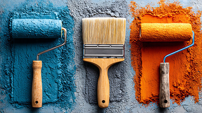 Painting action with colorful rollers home interior artistic content creative environment close-up view diy concept