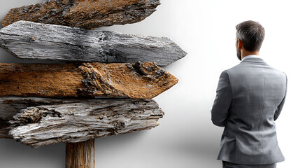 Business decision maker contemplating directions modern office conceptual image professional environment back view