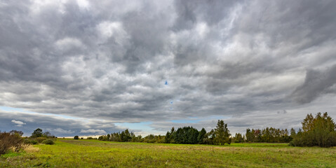 Cloudy sky with a field of grass in the background