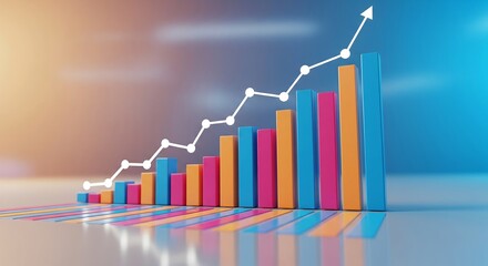 Vibrant financial graph with ascending colorful bar charts and rising line graph over modern gradient background