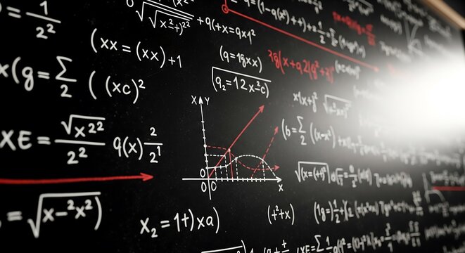 Close-up of dark chalkboard covered with complex mathematical equations, graphs, and red highlights in dim dramatic lighting