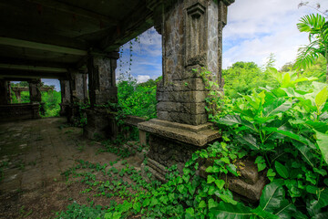 Large, abandoned building with a lot of greenery growing on it