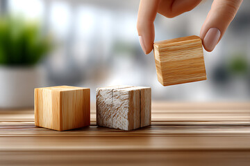 Hand placing wooden block on table home office close-up minimalist environment creative concept