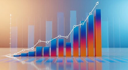Vibrant financial graph with ascending colorful bar charts and rising line graph over modern gradient background