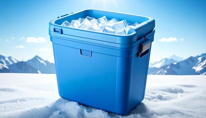 Blue cooler filled with ice cubes, perfect for keeping drinks cold at picnics, parties, beach trips, and outdoor gatherings.