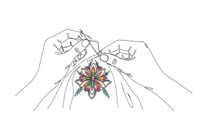 Colorful Continuous Line Art of Hands Doing Embroidery or Hand-Stitching on Fabric, Minimalist Black and White Illustration of Craftsmanship and Detailed Garment Work