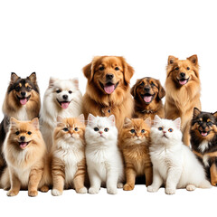 Dogs and cats are together sitting and looking forward in a studio shot