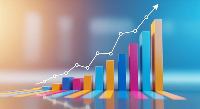 Vibrant financial graph with ascending colorful bar charts and rising line graph over modern gradient background