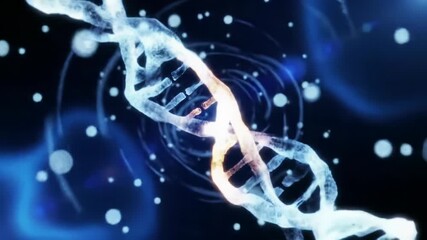 A hyper-detailed, futuristic orbital video of translucent, glowing DNA strands with golden pulses and shimmering particles against a cosmic indigo void, concept of advanced molecular biology - Powered by Adobe